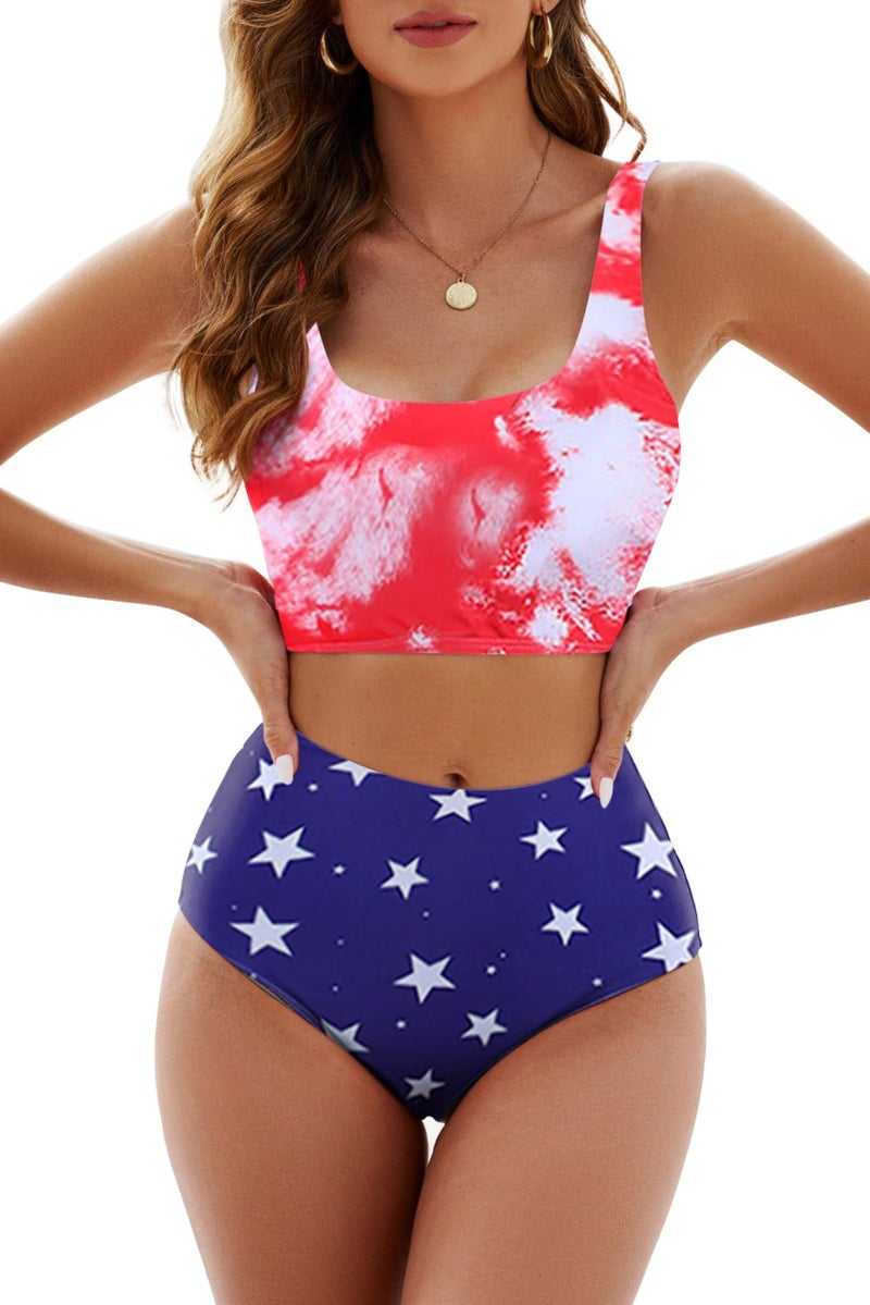 Adisputent Womens High Waisted Swimsuits Tie Dye Bandeau Top Rainbow Sports Style Low Scoop Crop Bikini Two Piece Bathing Suits,America Flag,XL - Image 1